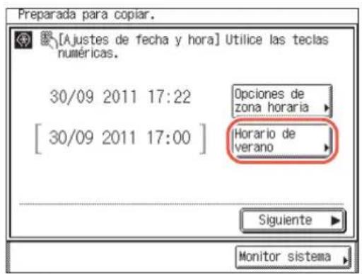 Preparada para copiar. [Ajustes de fecha y hora] Utilice las teclas numéricas. 30/09 2011 17:22 [30/09 2011 17:00] Opciones de zona horaria Horario de verano Siguiente Monitor sistema