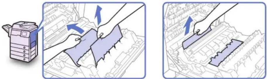 Diagram illustrating a printer's internal structure and cleaning process, showing hand positioning and blue arrows indicating movement.