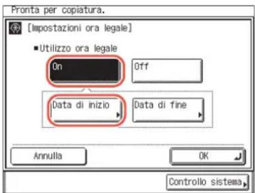 Pronta per copiatura. [Impostazioni ora legale] ■Utilizzo ora legale On Off Data di inizio Data di fine Annulla OK Controllo sistema