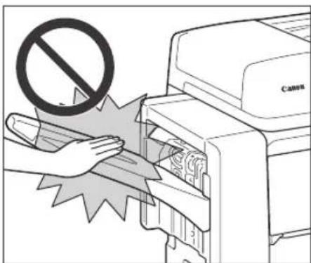 Diagram showing a printer with a prohibition symbol and a hand holding a paper, indicating no printing or anti-printing.