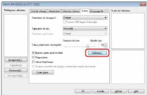 CANON imageFORMULA DRG2140 - Pour utiliser également la fonction permettant d'ignorer la détection de double alimentation, ouvrez l'onglet [autres], cochez la case [reprise rapide après incident] et cliquez sur le bouton [définitions]. - 1