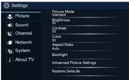 SHARP Aquos LC43N7000U - Using the Settings Menu - 1