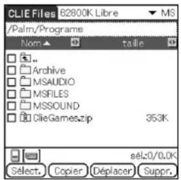 SONY Clié PEGNX73V - Frappez la flèche▼ en haut à droite de l'écran CLIE Files pour sélectionner le support de stockage. - 1