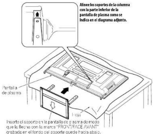 PIONEER PDP4280HD - Con la planta de plasma acostada en una superficie plana, ajuste las columnas de apoyo del soporte en la parte inferior de la planta de plasma como se indica por las flechas y, a continuación, insertelas lentamente. - 1