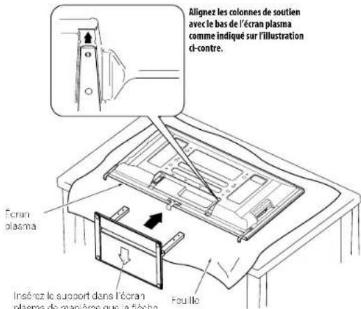 PIONEER PDP4280HD - L'écran plasma étant posé à plat, positionné les colonnes de soutien du support contre le bas de l'écran plasma comme indiqué par les flèches, puis insérez-les lentement. - 1