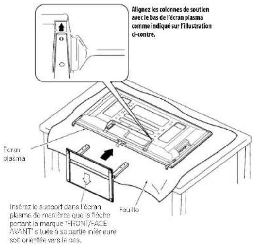 PIONEER PDP5080HD - L'écran plasma étant posé à plat, positionnez les colonnes de soutien du support contre le bas de l'écran plasma comme indiqué par les flèches, puis insérez-les lentement. - 1