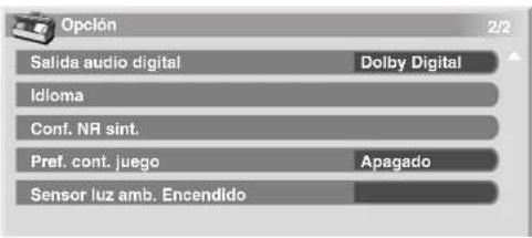 Opción Salida audio digital Dolby Digital Idioma Conf. NR sint. Pref. cont. juego Apagado Sensor luz amb. Encendido