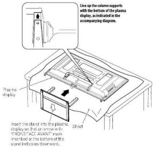 PIONEER PDP5080HD - With the plasma display lying flat, fit the stand's support columns to the bottom of the plasma display as indicated by the arrows, then slowly insert them. - 1