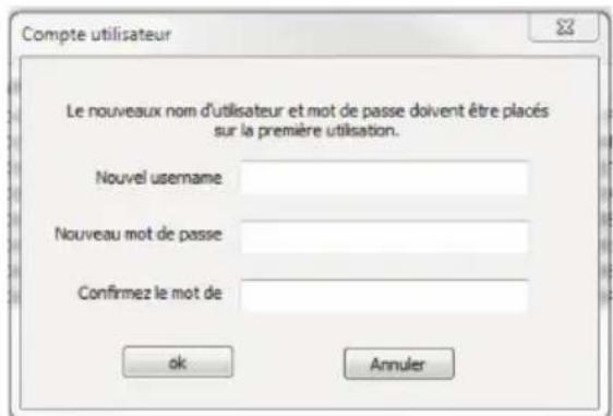 Compte utilisateur Le nouveaux nom d'utilisateur et mot de passe doivent être placés sur la première utilisation. Nouvel usename Nouveau mot de passe Confirmez le mot de ok Annuler