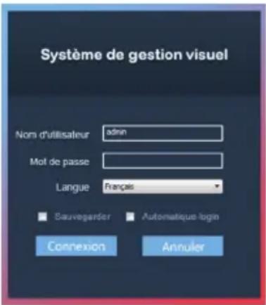 Système de gestion visuel Nom d'utilisateur admin Mot de passe Langue Français ■ Sauvegarder ■ Automatique login Connexion Annuler