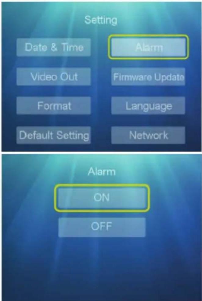 Setting Date & Time Alarm Video Out Firmware Update Format Language Default Setting Network Alarm ON OFF