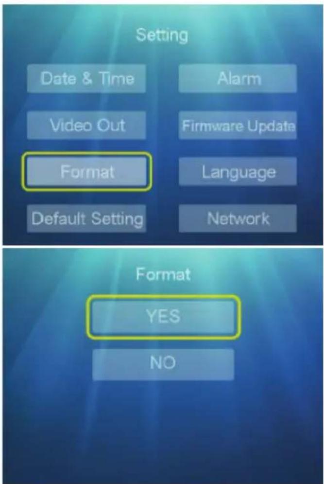 Setting Date & Time Video Out Format Default Setting Alarm Firmware Update Language Network Format YES NO