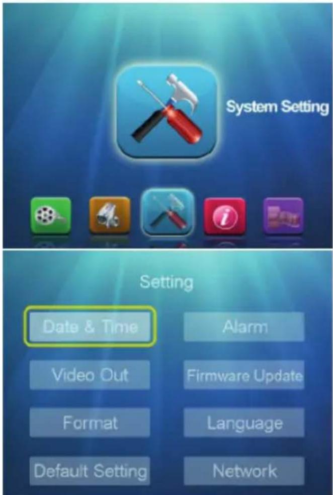System Setting Setting Date & Time Video Out Format Default Setting Alarm Firmware Update Language Network