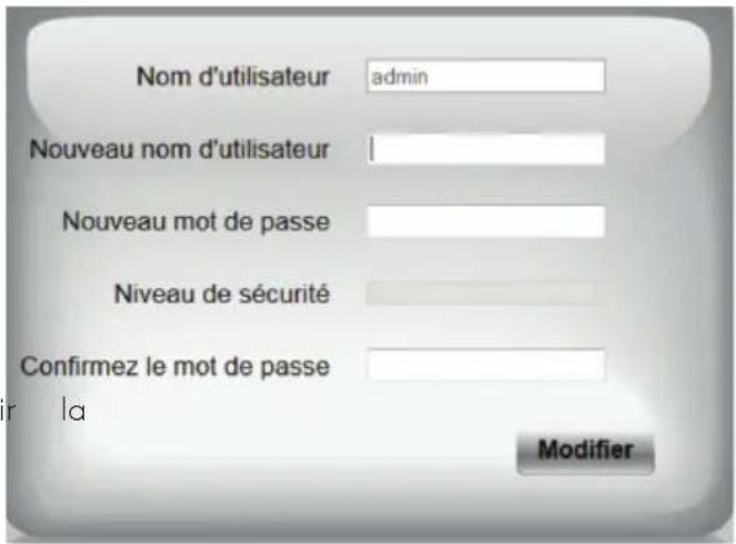Nom d'utilisateur admin Nouveau nom d'utilisateur | Nouveau mot de passe Niveau de sécurité Confirmez le mot de passe ir la Modifier