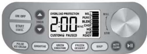 ON OFF START CANCEL TIMER 2:00 CUSTOM & PAUSED PULSE ICE CRUSH SMOOTHIE GREEN SMOOTHIE FROZEN DESSERT SOUP AUTO CLEAN OVERLOAD PROTECTION MILL PUREE BLENG MINS CHOP MIX STIR READY MILL STIR