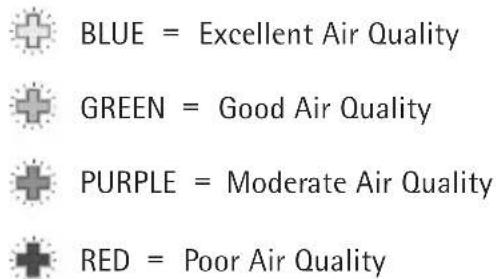 BLUE = Excellent Air Quality GREEN = Good Air Quality PURPLE = Moderate Air Quality RED = Poor Air Quality