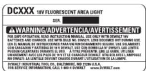 DCXXX 18V FLUORESCENT AREA LIGHT SER. WARNING/ADVERTENCIA/AVERTISSEMENT FOR USE IN A PUELED BY: RUN INSTRUCTIONS MANUAL. USE ONLY WITH DON'TA W. BATTERIES AND CHARGER. USE WITH RULE NO. DWN271. LENS BICOMES HOT TURING USE. LEA EL INDUAR DE INSTECCIONES PARA UN LA FONCUSSIONAL SEGURO ISUDE MELANENTE COMBUSTO DE ALABRALE DE LA PARMA. UNTSUS CABBAGE ORIANDER'S LIME LANTES PUEDEN CALENTASIE DURANTIL E LIX. A TRITE PREVENTIR. LIRE LE GOUR. UTILISER UNIGUMENT ATICUS PLENDY. LIME CHARGOIS DONNAT. UTILISER AVOC. LAMPULE NO DONN271. LA LENTILE DEVENT CHARGE DURANT CUSTITIZATION DE LA LAMPE. DONNAT INDUSTRIAL THOLO, BALTIMORE, MED 2328-0 S.A. FOR SERVICE INFORMATION, CALL 1-805-4 DONNAT. WWW.DONNAT.COM