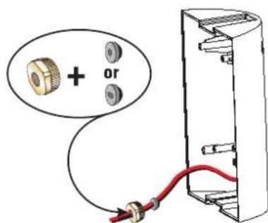 Diagram showing a mechanical component with a plus sign and 'or' label, connected to a red wire inside a housing.