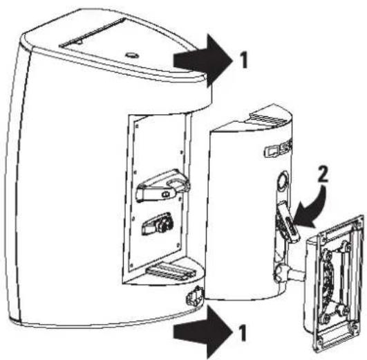 Technical diagram of a device with labeled parts, showing internal components and directional arrows indicating assembly or movement.
