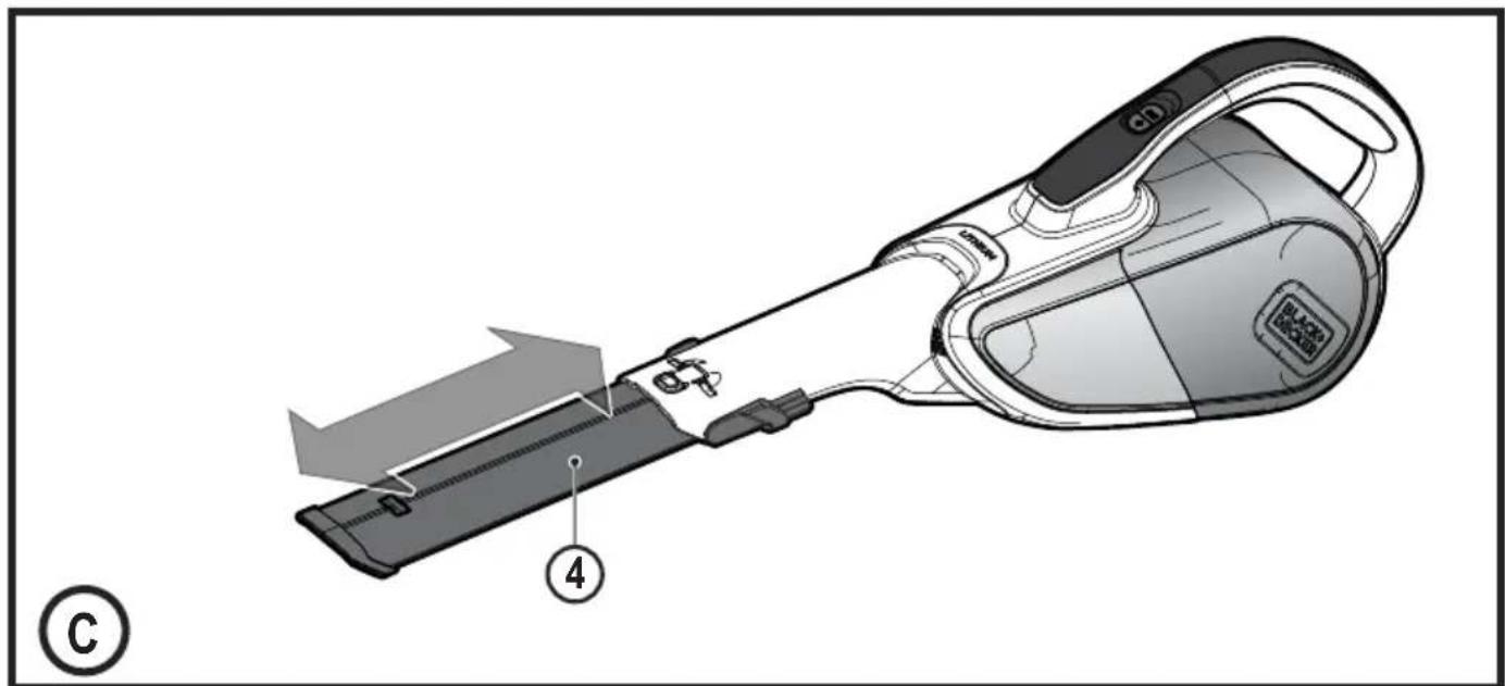 Technical diagram of a handheld device with labeled parts and directional arrow indicating assembly or movement