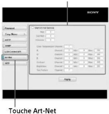 SONY ZRCT300 - 3Appuyez sur la touche Art-Net pour ouvrir la page des paramètres Art-Net. - 1