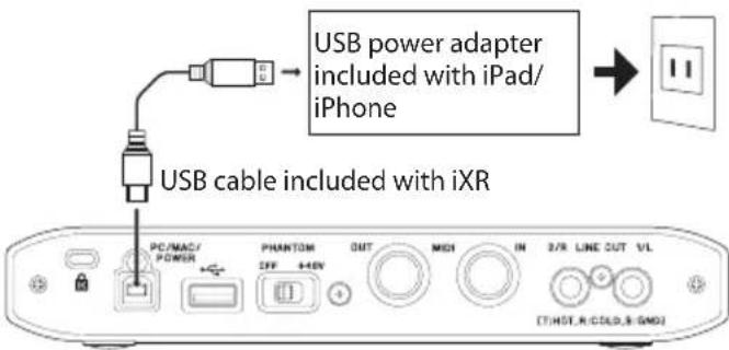 USB power adapter included with iPad/ iPhone USB cable included with iXR PC/MAC/ POWER PHANTOM OFF 4-40V OUT MCH IN 2/R LINE OUT VL [THST_R/GOLD_S-GMO]