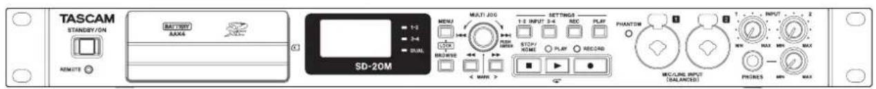 TASCAM STANDBY/ON RMONTS DATA S 1-2 3-4 DUAL SD-20M MENU MULTI 20G 1-2 INPUT 3-4 REC PLAP REDAVOS STOP/ HOME PLAY REC40 PHANTOM 1 2 INPUT MAX MAX MIC/LINE INPUT (BALANCED) PHRES MIN MAX
