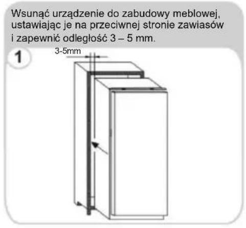 Wsunąć urządzenie do zabudowy meblowej, ustawiając je na przeciwnej stronie zawiasów i zapewnić odległość 3 – 5 mm. 3-5mm