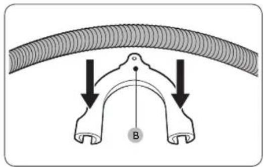 Diagram showing a curved pipe with two downward arrows indicating direction, labeled point B, likely illustrating a mechanical or structural concept.