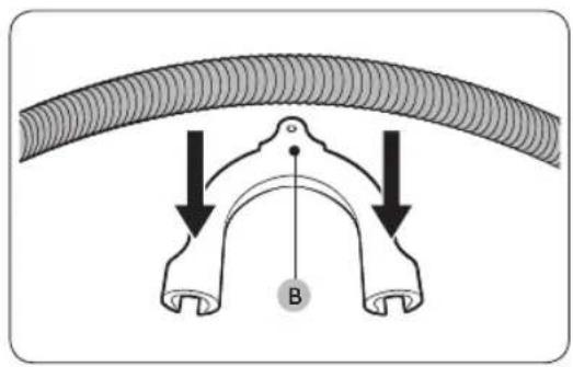 Diagram showing a curved pipe with two downward arrows indicating direction, labeled point B, likely illustrating a mechanical or structural concept.