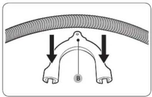 Diagram showing a curved pipe with two downward arrows indicating direction, labeled point B, likely illustrating a mechanical or structural concept.