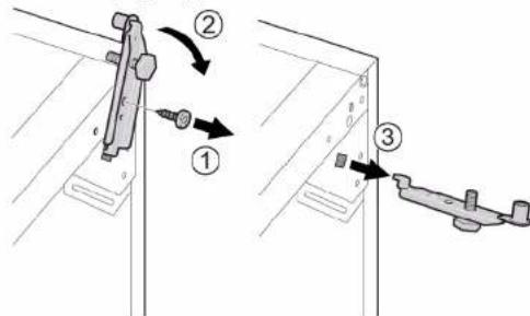 Technical diagram showing three mechanical assembly steps with numbered annotations indicating motion directions.