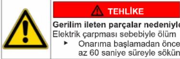 TEHLIKE Gerilim ileten parçalar nedeniyle Elektrik çarpması sebebiyle ölüm ► Onarima başlamadan önce az 60 saniye süreyle sökün
