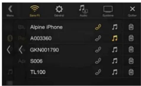 ALPINE X701DA4R - Appuyez sur la touche [♪] (Audio) ou [♪] (Mains libres) correspondant au périphérique que vous souhaitez connecter depuis la liste des périphériques jumelés. - 1