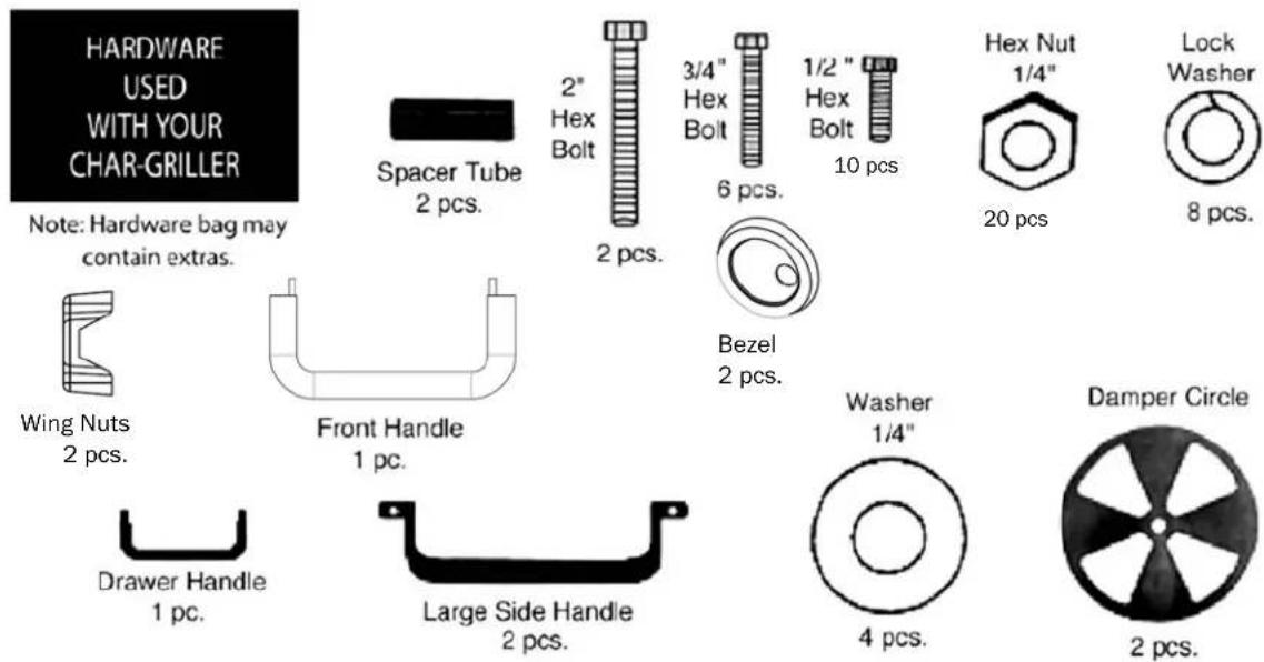 HARDWARE USED WITH YOUR CHAR-GRILLER Note: Hardware bag may contain extras. Spacer Tube 2 pcs. 2" Hex Bolt 3/4" Hex Bolt 1/2 " Hex Bolt 10 pcs Hex Nut 1/4" 20 pcs Lock Washer 8 pcs. Wing Nuts 2 pcs. Front Handle 1 pc. Bezel 2 pcs. Drawer Handle 1 pc. Large Side Handle 2 pcs. Washer 1/4" 4 pcs. Damper Circle 2 pcs.