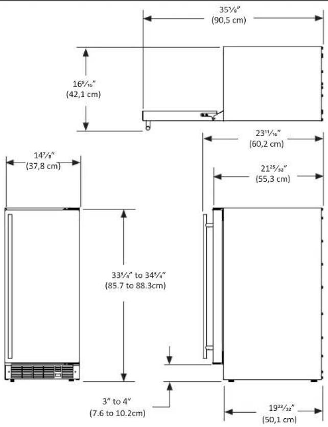 35½" (90,5 cm) 16¾" (42,1 cm) 14¾" (37,8 cm) 33¾" to 34¾" (85.7 to 88.3cm) 3" to 4" (7.6 to 10.2cm) 23¾" (60,2 cm) 21¾" (55,3 cm) 19¾" (50,1 cm)
