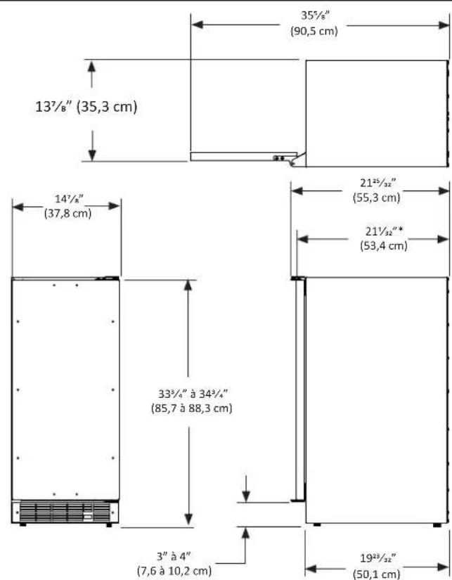 35½" (90,5 cm) 13½" (35,3 cm) 14½" (37,8 cm) 21½" (55,3 cm) 21½"* (53,4 cm) 33½" à 34¾" (85,7 à 88,3 cm) 3" à 4" (7,6 à 10,2 cm) 19½" (50,1 cm)