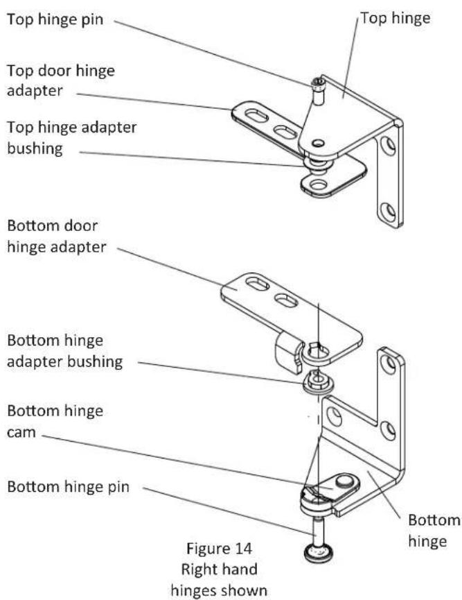 Top hinge pin Top door hinge adapter Top hinge adapter bushing Bottom door hinge adapter Bottom hinge adapter bushing Bottom hinge cam Bottom hinge pin Figure 14 Right hand hinges shown Top hinge Bottom hinge Figure 14 Right hand hinges shown