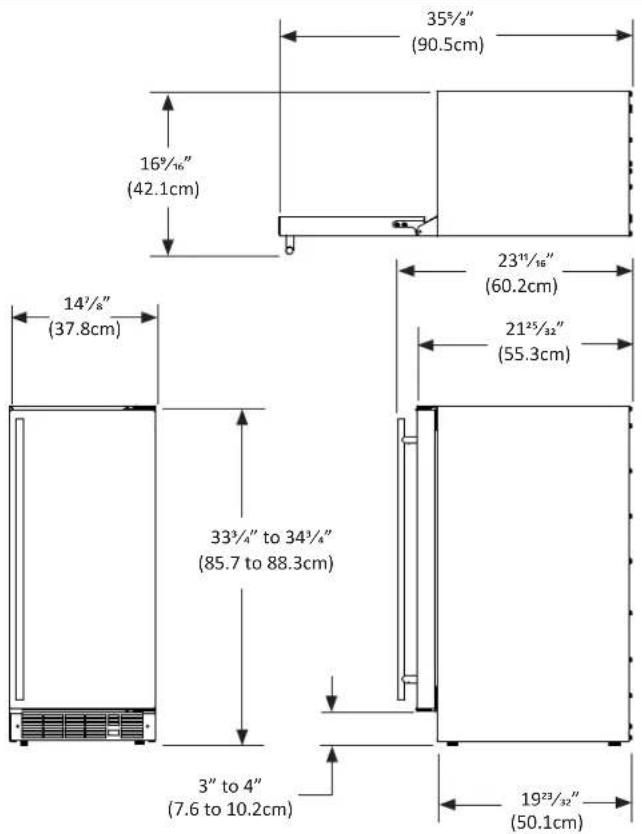 35½" (90.5cm) 16½" (42.1cm) 14½" (37.8cm) 33¾" to 34¾" (85.7 to 88.3cm) 3" to 4" (7.6 to 10.2cm) 23½" (60.2cm) 21½" (55.3cm) 19½" (50.1cm)
