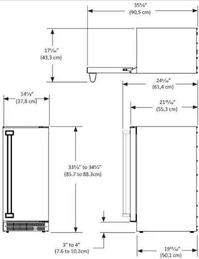 35½" (90,5 cm) 17½" (43,3 cm) 24½" (61,4 cm) 14½" (37,8 cm) 21½" (55,3 cm) 33¾" to 34¾" (85.7 to 88.3cm) 3" to 4" (7.6 to 10.2cm) 19¾/¾" (50,1 cm)