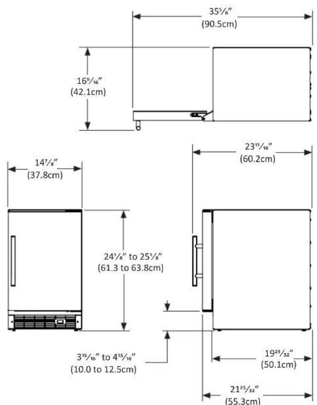 35½" (90.5cm) 16½" (42.1cm) 14½" (37.8cm) 24½" to 25½" (61.3 to 63.8cm) 3½/10" to 4½/16" (10.0 to 12.5cm) 23½/16" (60.2cm) 19¾/32" (50.1cm) 21¾/32" (55.3cm)
