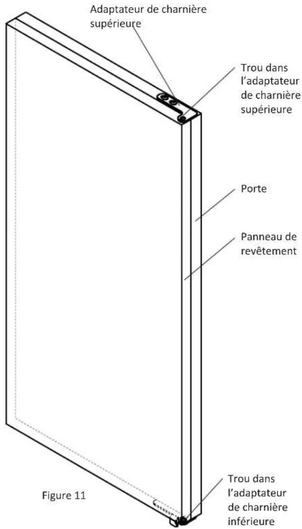 Adaptateur de charnière supérieure Trou dans l'adaptateur de charnière supérieure Porte Panneau de revêtement Trou dans l'adaptateur de charnière inférieure Figure 11