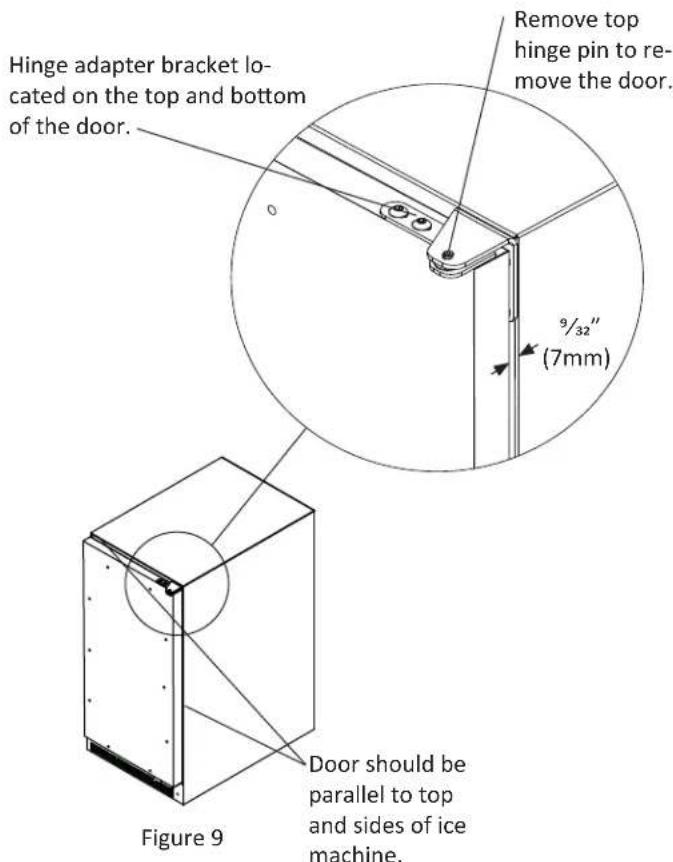 Hinge adapter bracket located on the top and bottom of the door. Remove top hinge pin to remove the door. 9/32" (7mm) Door should be parallel to top and sides of ice machine. Figure 9