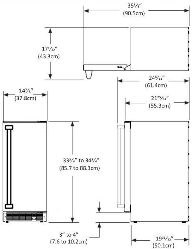 35½" (90.5cm) 17½" (43.3cm) 24½" (61.4cm) 21½" (55.3cm) 14½" (37.8cm) 33¾" to 34¾" (85.7 to 88.3cm) 3" to 4" (7.6 to 10.2cm) 19½" (50.1cm)