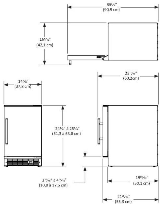 35½" (90,5 cm) 16½" (42,1 cm) 14½" (37,8 cm) 24½" à 25½" (61,3 à 63,8 cm) 3½/½" à 4½/½" (10,0 à 12,5 cm) 23½/½" (60,2cm) 19²³/³²" (50,1 cm) 21²⁵/³²" (55,3 cm)