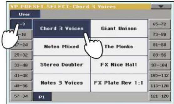 KORG Pa3XLe - Appuyez sur le bouton PRESET de la section MIC SETTING pour afficher la fenêtre "VP Preset Select" puis selectionné un Preset. - 2