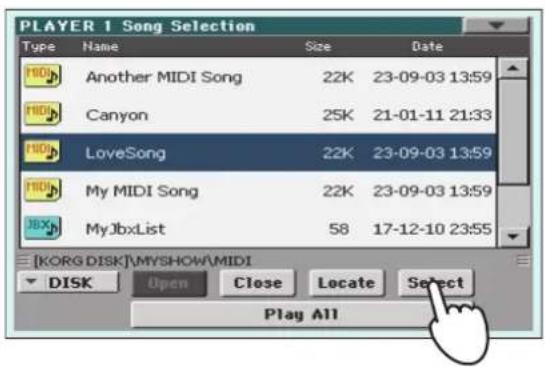 KORG Pa3XLe - Quand le morceau est selectionné, touche le bouton [Select] pour confirmer votre sélection et fermer automatiquement la fenêtre "Song Select". - 1