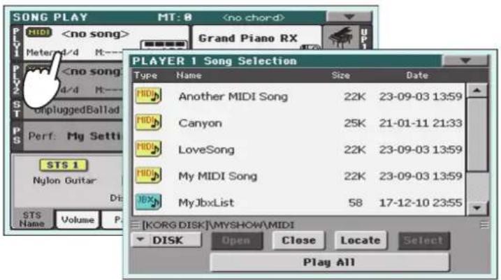 KORG Pa3XLe - Touchez la zone du Player 1 pour ouvrir la fenetre "Song Select". - 1