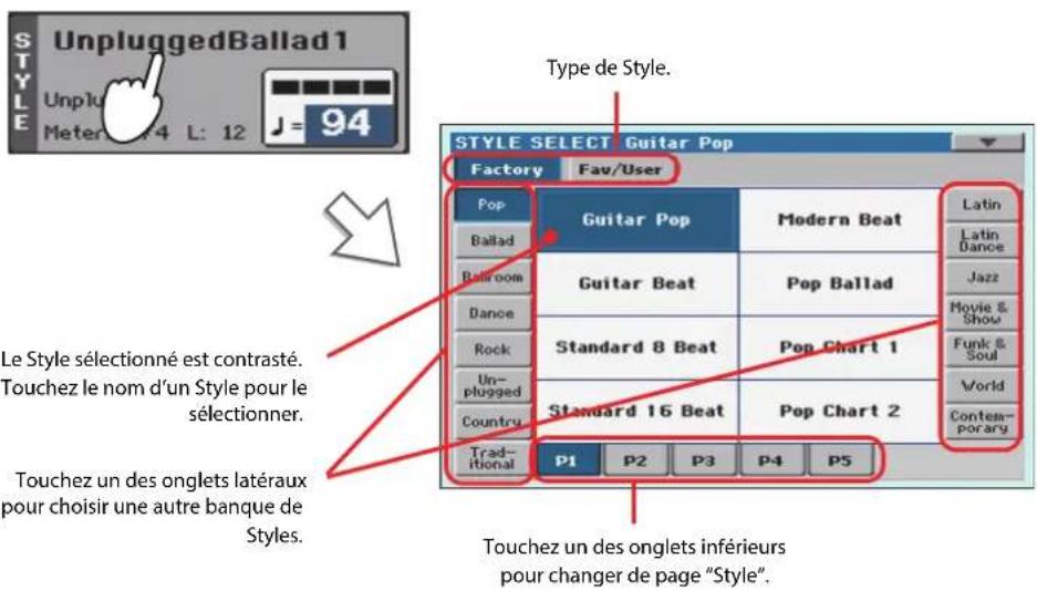 KORG Pa3XLe - Touchez la zone du Style à l'écran. La fenêtre "Style Select" s'affiche. - 1