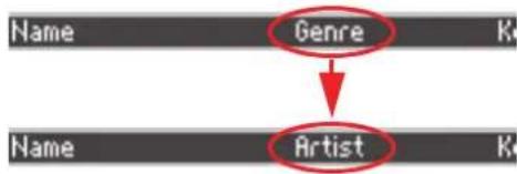KORG Pa3XLe - Sélectionnez "Show Artist (now Genre)" pour remplacer la colonne "Genre" par la colonne "Artist" dans la liste. La colonne "Artist" apparait. - 1